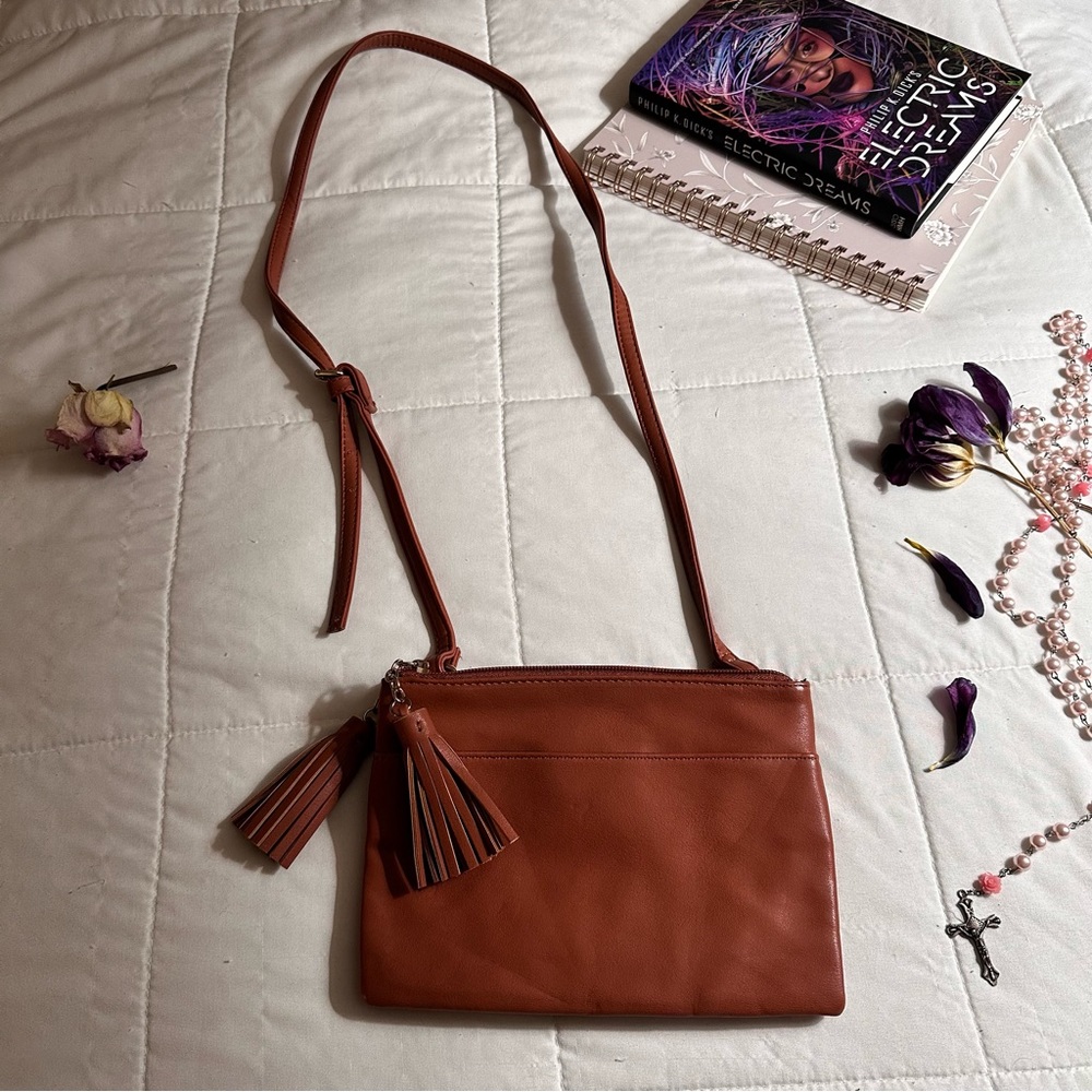 Dual-Zip Cognac Crossbody Bag